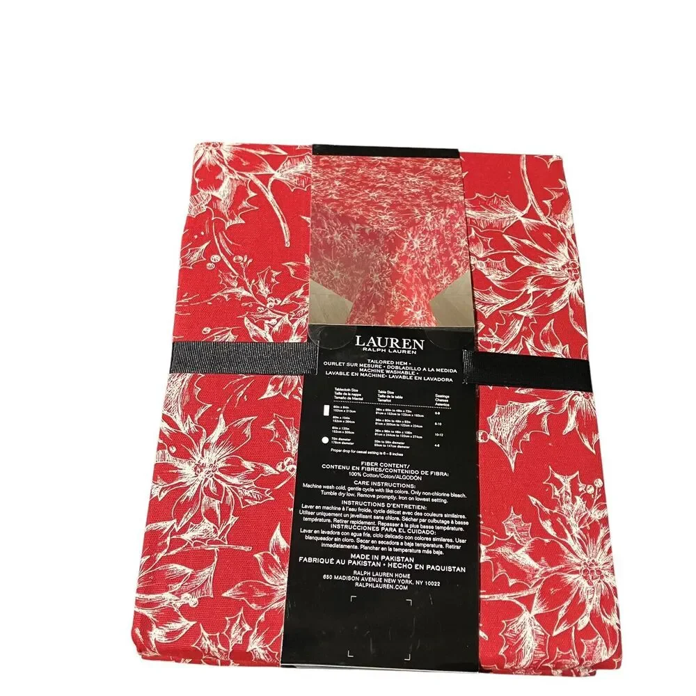Ralph Lauren Tablecloth 60x104 Red Christmas Festive Rectangle Poinsettia Cotton